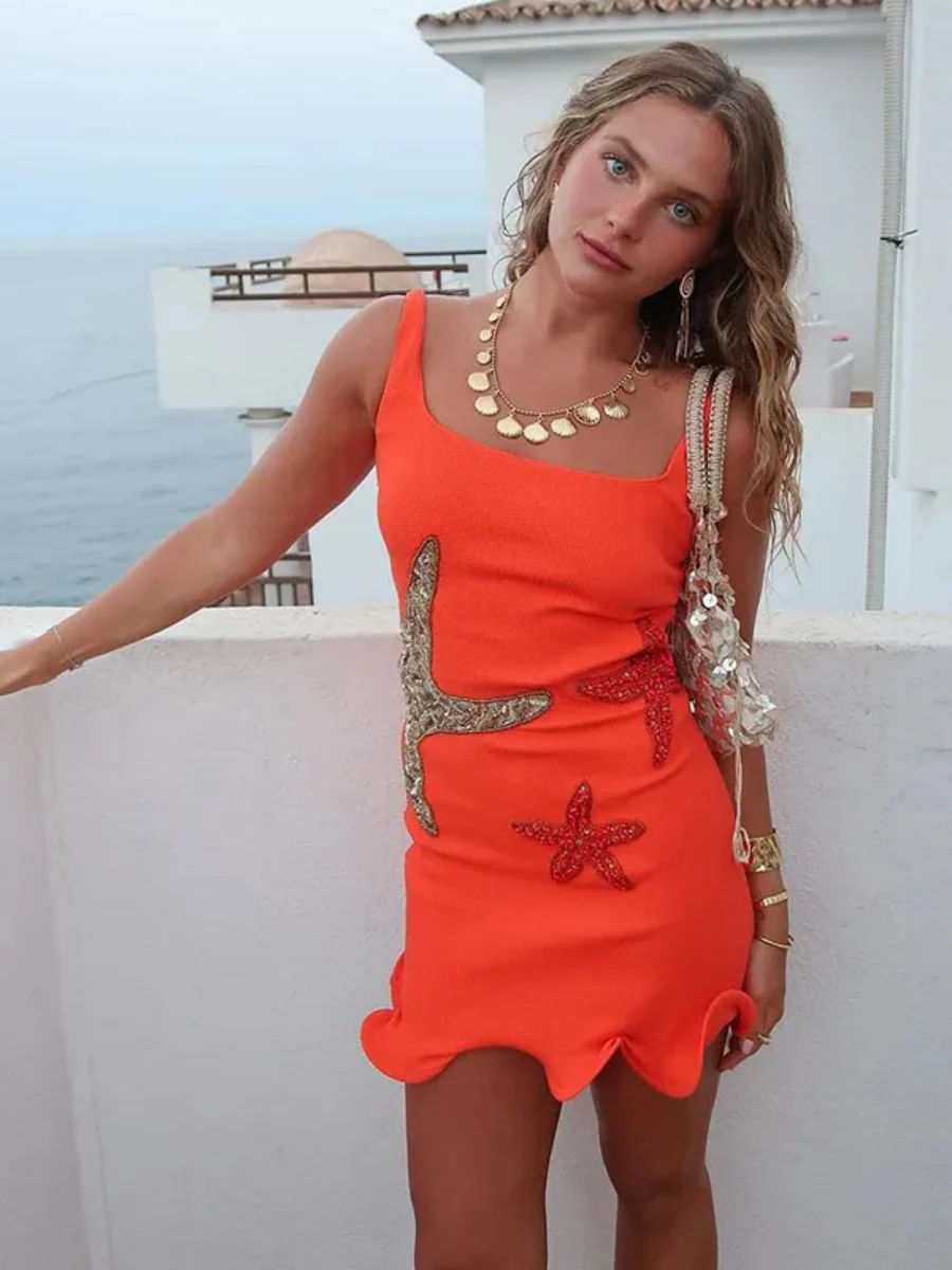 Starfish-themed Knitted Sleeveless Sexy Ruffled Vest Short Dress - Image 3