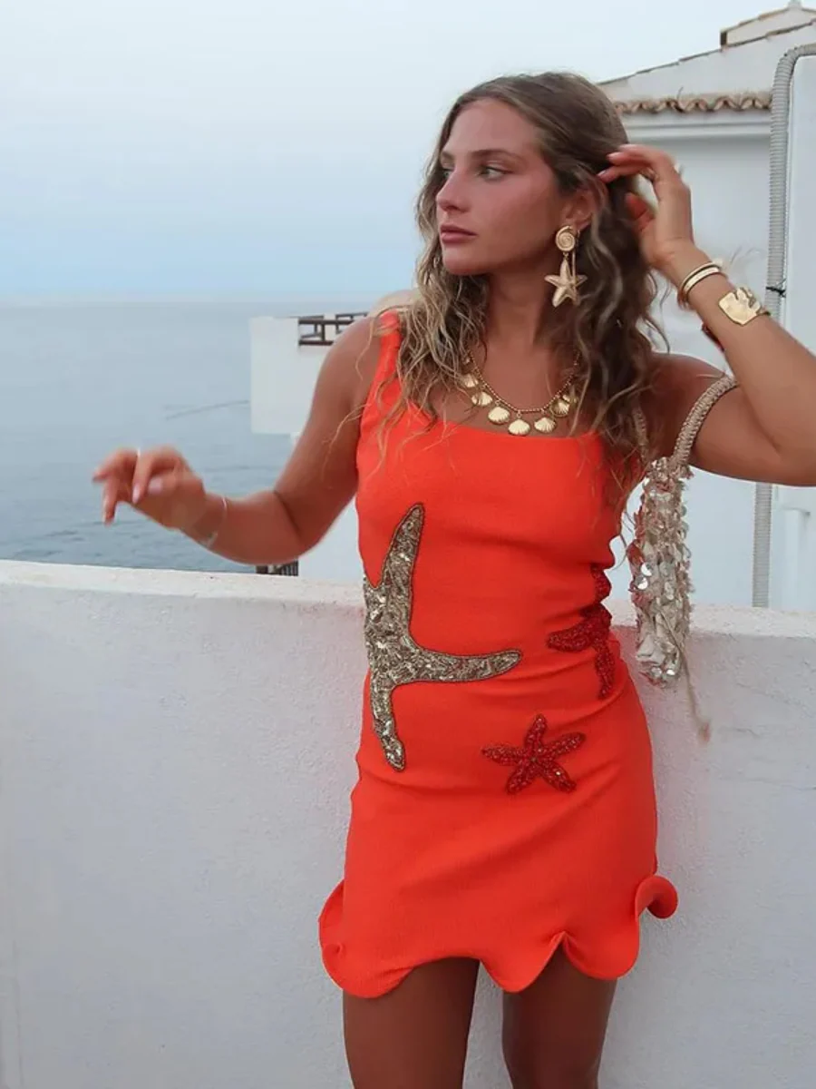Starfish-themed Knitted Sleeveless Sexy Ruffled Vest Short Dress - Image 4