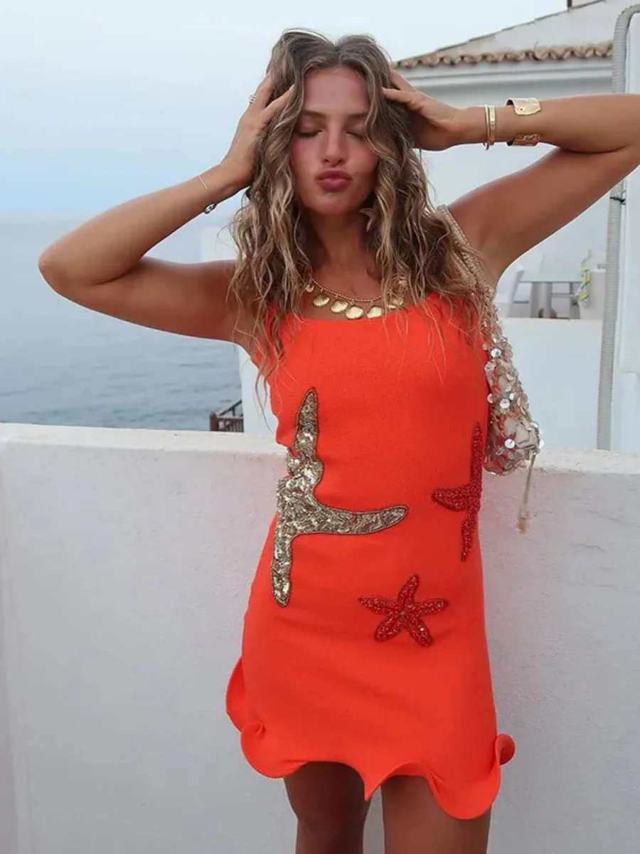 Starfish-themed Knitted Sleeveless Sexy Ruffled Vest Short Dress - Image 5