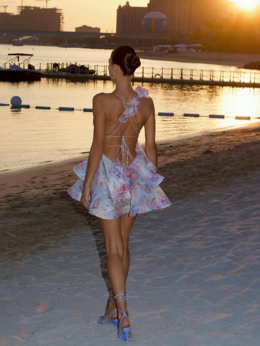 Three-dimensional Floral Print Backless Tie-up Short Dress - Image 2