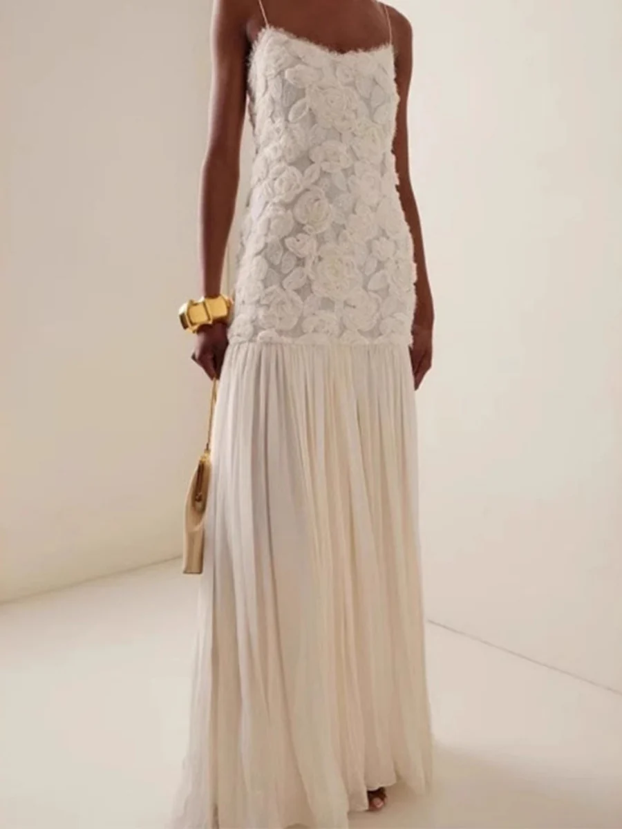 Sleeveless Floral Embellished Spaghetti Strap Maxi Dress
