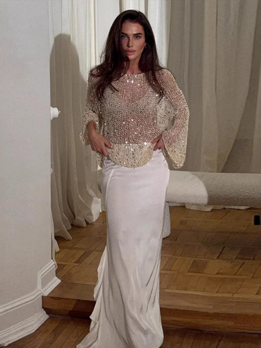Sequined Cutout Long-sleeved Pullover See-through Top - Image 2