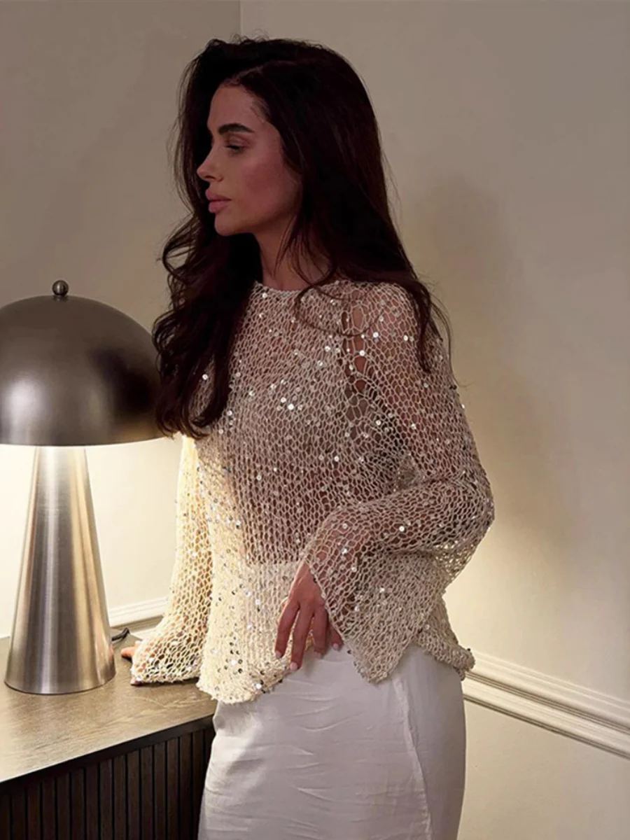 Sequined Cutout Long-sleeved Pullover See-through Top - Image 4
