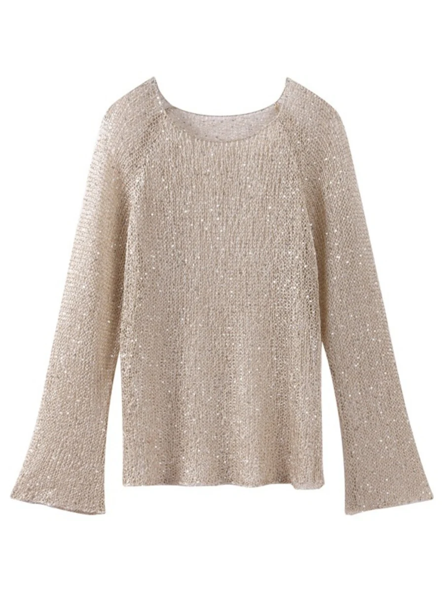 Sequined Cutout Long-sleeved Pullover See-through Top - Image 5