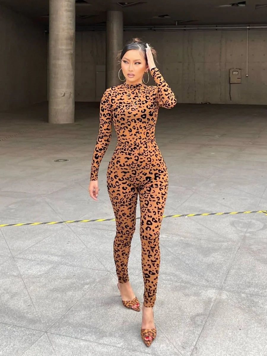 Leopard Print Flocked Sheer Slimming Effect Jumpsuits - Image 13