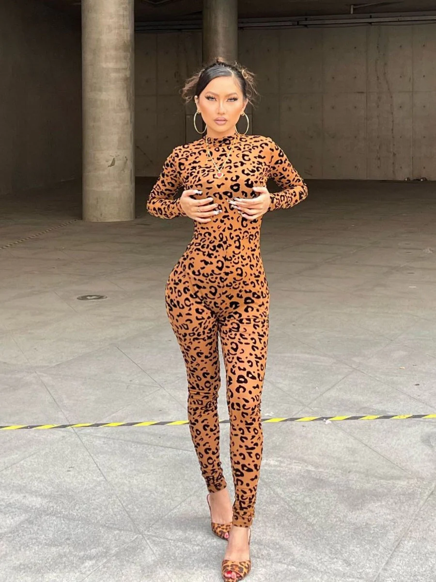 Leopard Print Flocked Sheer Slimming Effect Jumpsuits - Image 14