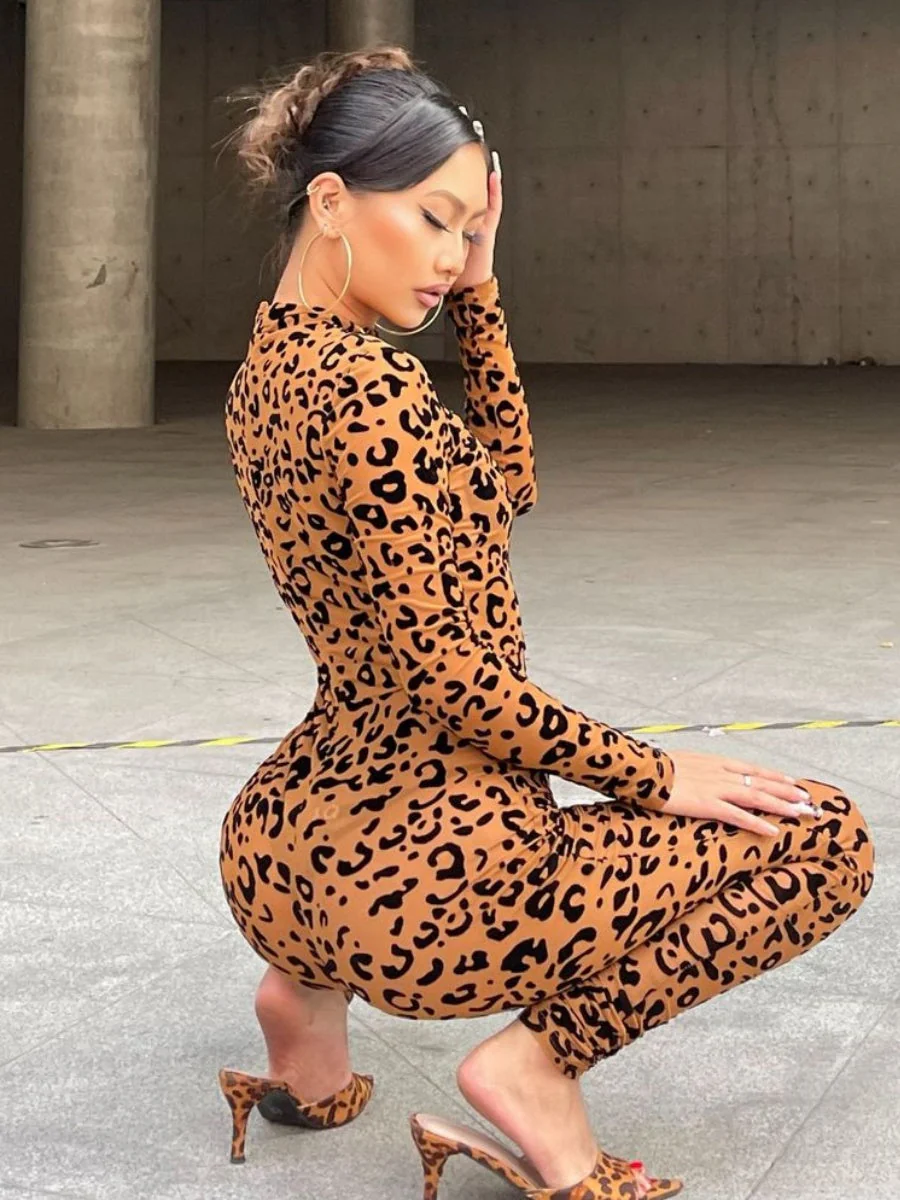 Leopard Print Flocked Sheer Slimming Effect Jumpsuits - Image 15