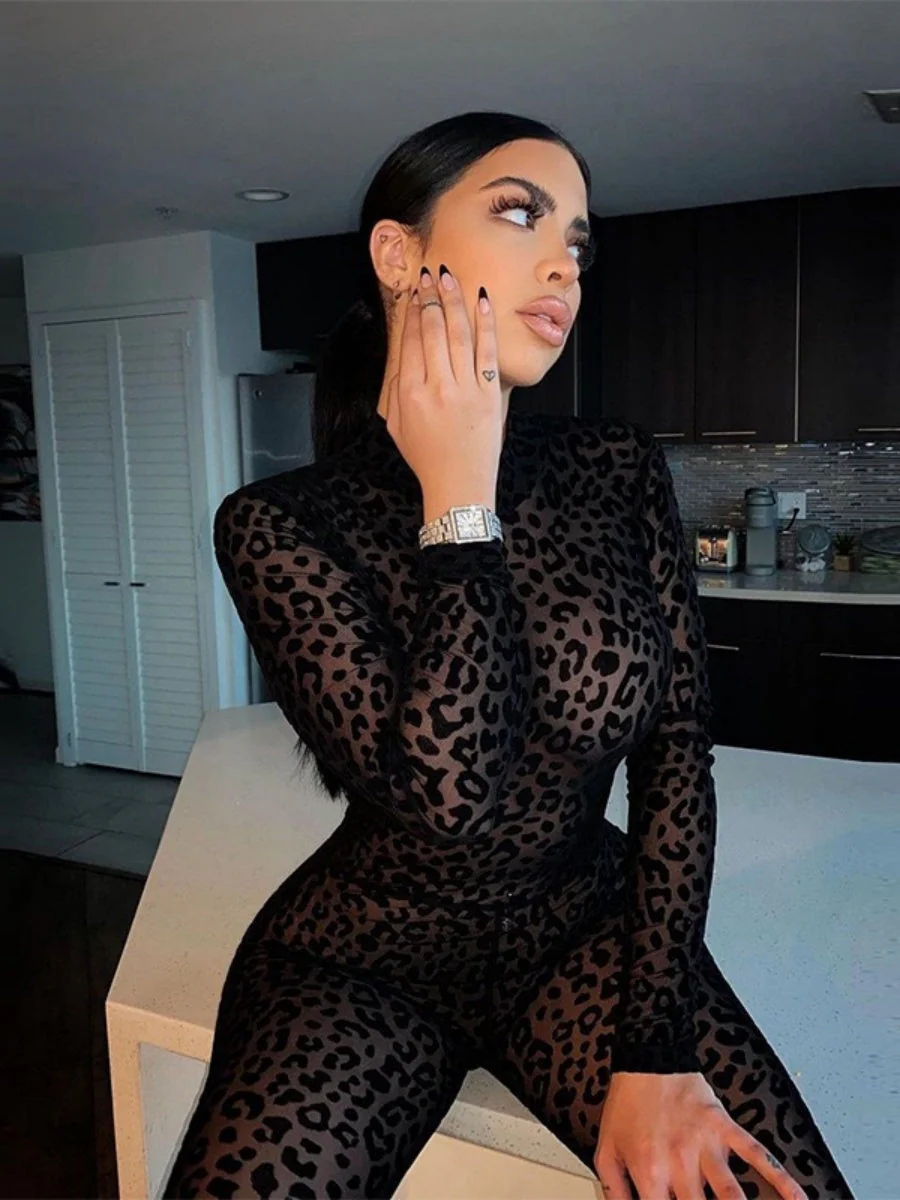 Leopard Print Flocked Sheer Slimming Effect Jumpsuits - Image 3
