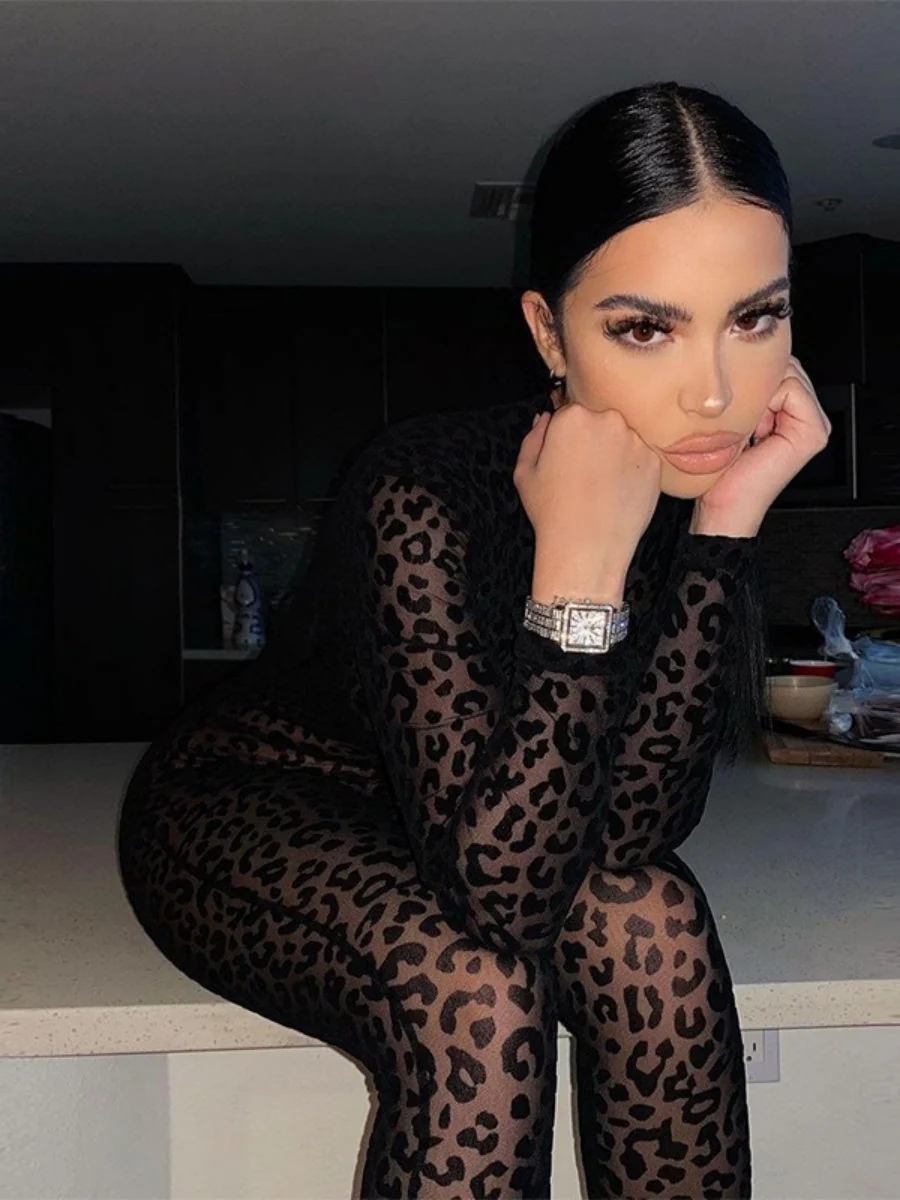 Leopard Print Flocked Sheer Slimming Effect Jumpsuits - Image 5