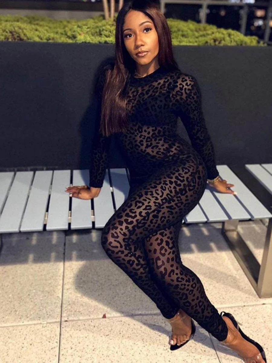 Leopard Print Flocked Sheer Slimming Effect Jumpsuits - Image 8