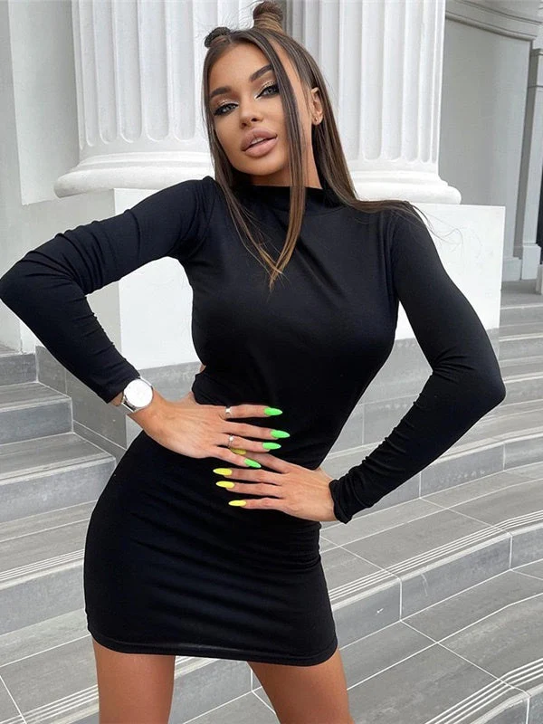 Backless Long sleeve Black Mini&Short Dresses - Image 5