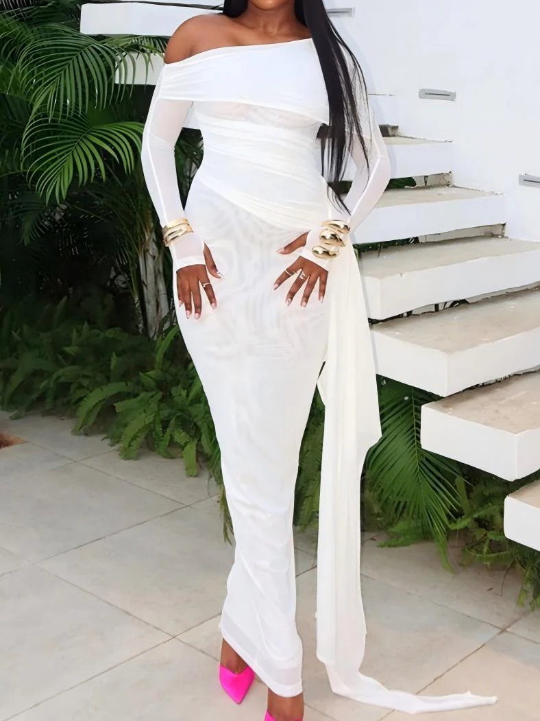White Off-shoulder Long-sleeved Fitted Mesh Maxi Dress With Ribbon