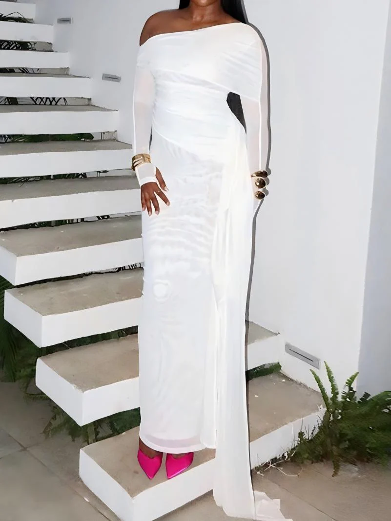 White Off-shoulder Long-sleeved Fitted Mesh Maxi Dress With Ribbon - Image 3