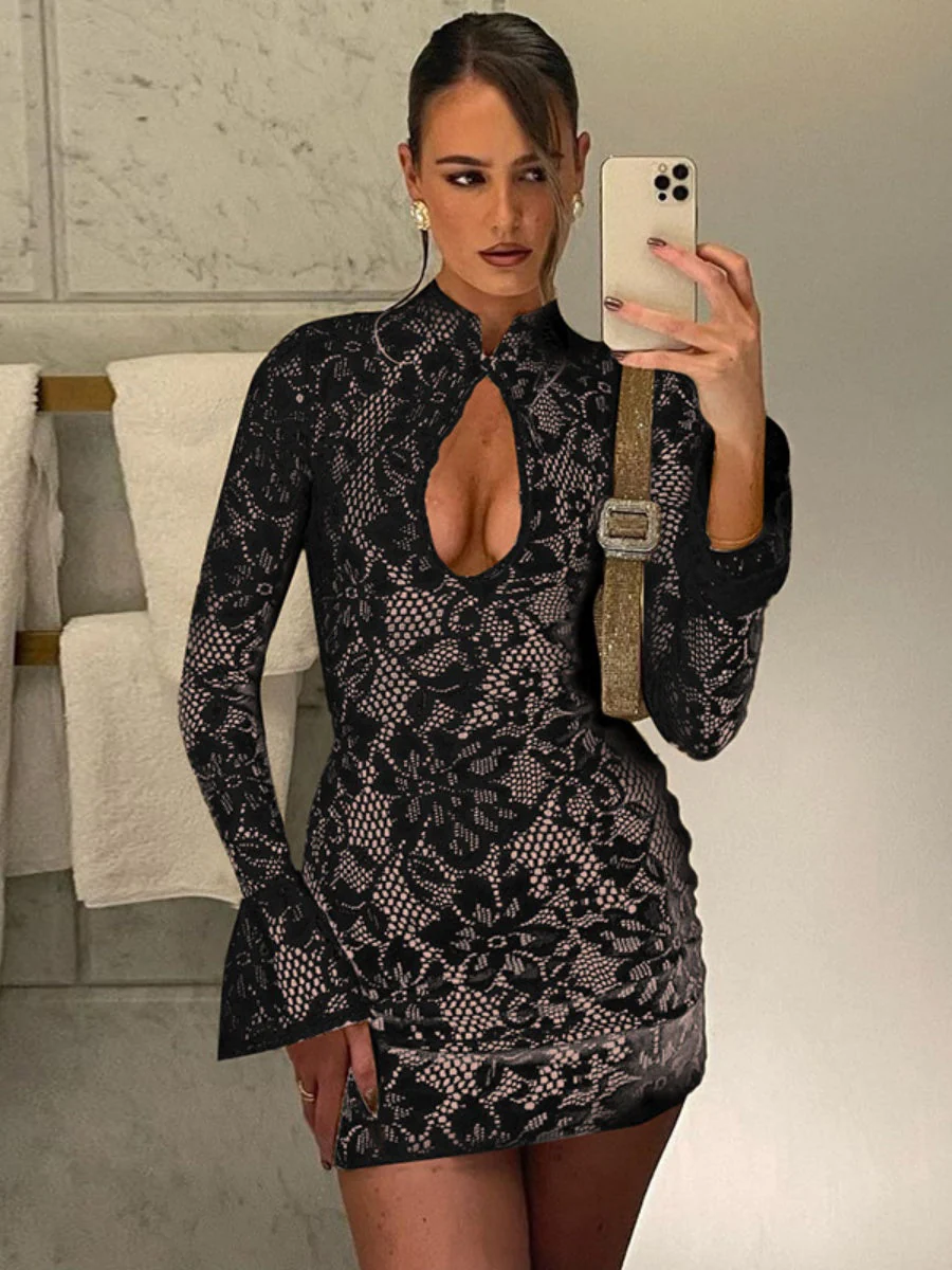 Lace Cutout Bodycon Bell Sleeves Mini&Short Dresses - Image 10