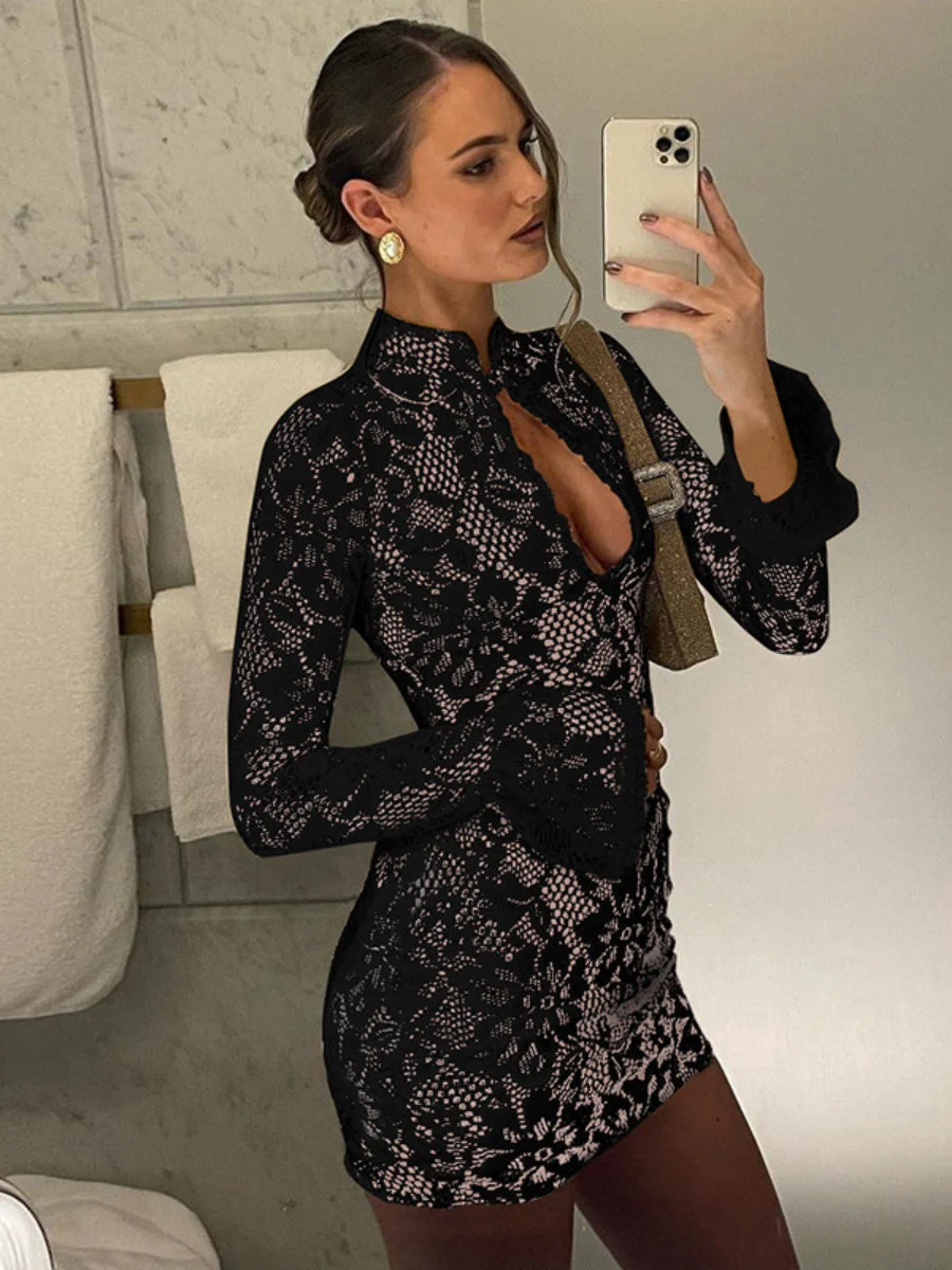 Lace Cutout Bodycon Bell Sleeves Mini&Short Dresses - Image 16