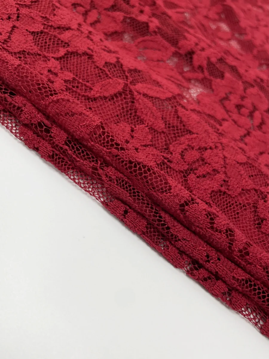 Hollowed-out Lace Asymmetrical Neckline Long Dress With Ribbon - Image 9