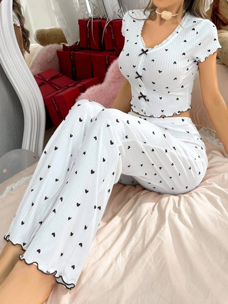 Heart-print Bow V-neck Short-sleeved Trousers Set That Can Be Worn As Loungewear - Image 7