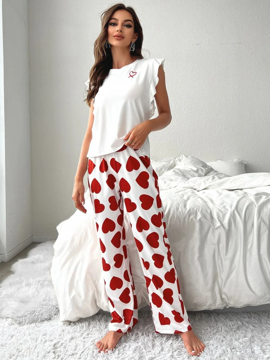 Heart-print Ruffled Sleeve Trousers Set That Can Be Worn As Loungewear