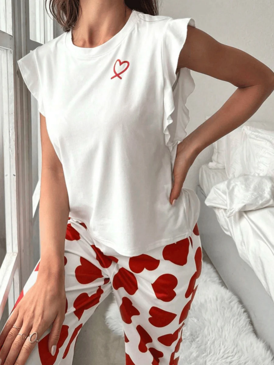 Heart-print Ruffled Sleeve Trousers Set That Can Be Worn As Loungewear - Image 3