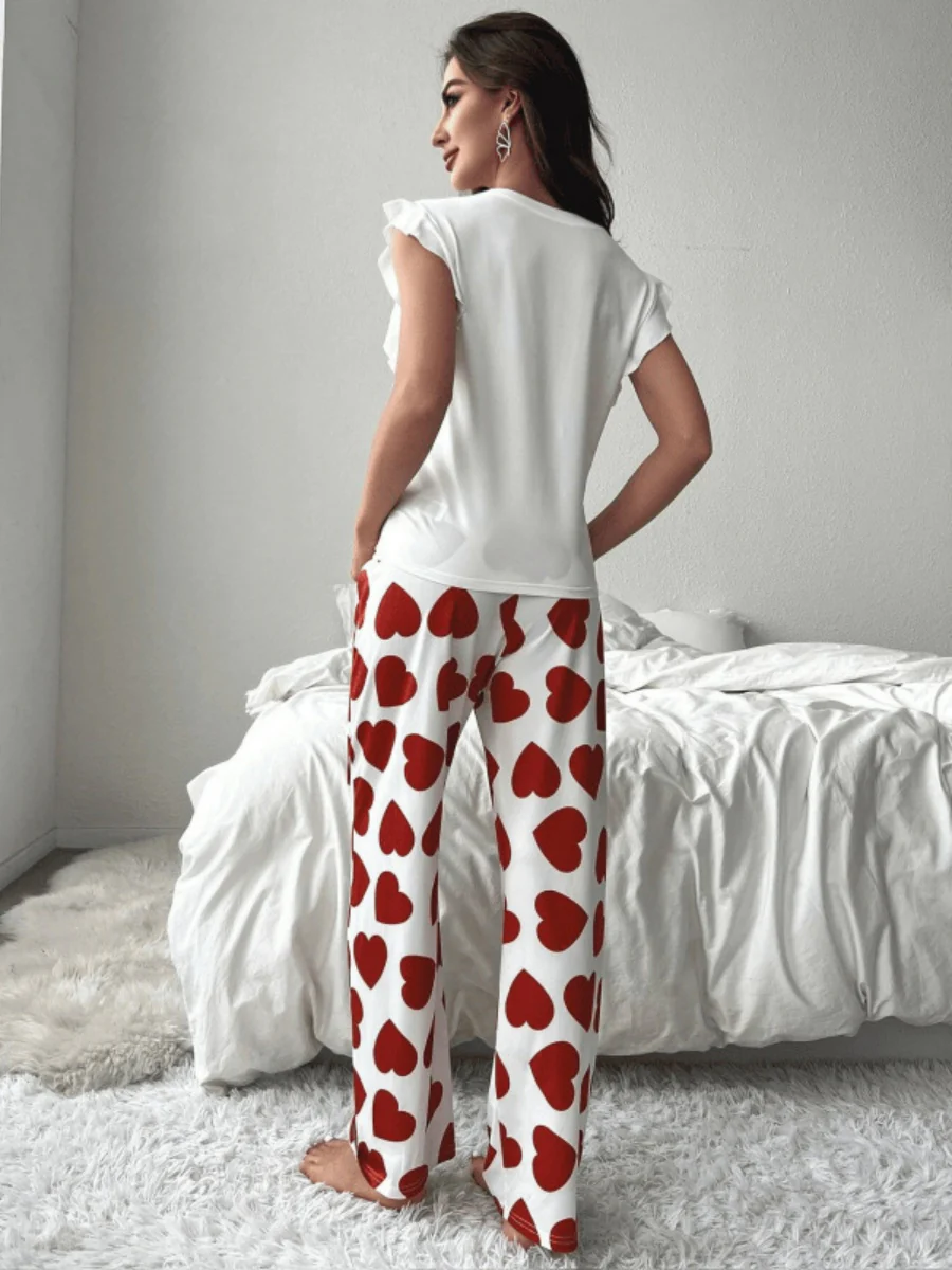 Heart-print Ruffled Sleeve Trousers Set That Can Be Worn As Loungewear - Image 4