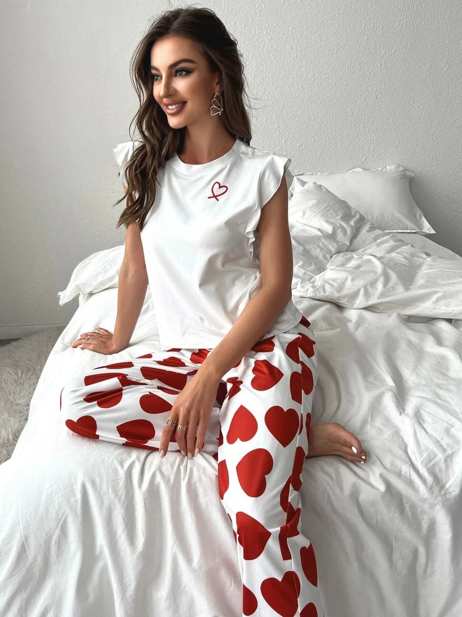 Heart-print Ruffled Sleeve Trousers Set That Can Be Worn As Loungewear - Image 6