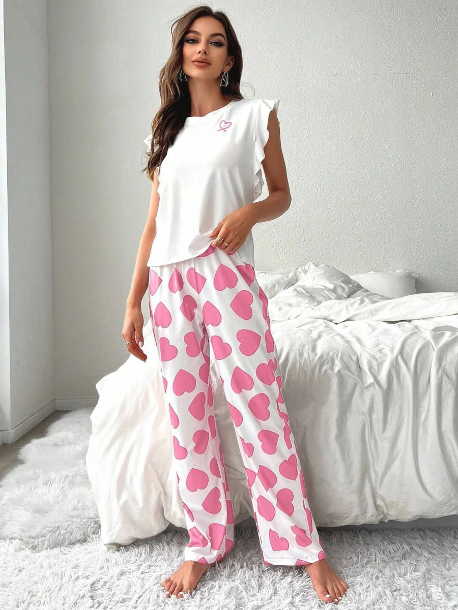 Heart-print Ruffled Sleeve Trousers Set That Can Be Worn As Loungewear - Image 7