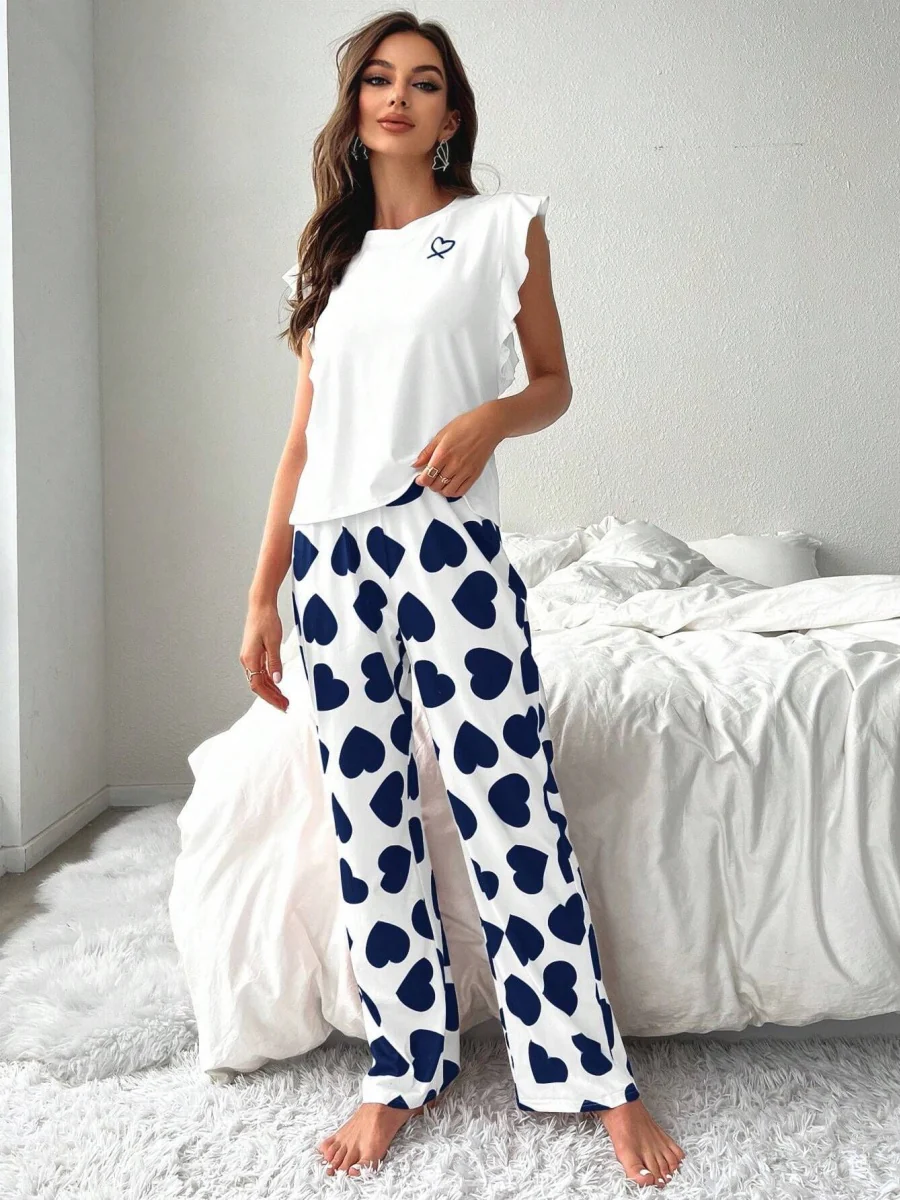 Heart-print Ruffled Sleeve Trousers Set That Can Be Worn As Loungewear - Image 8