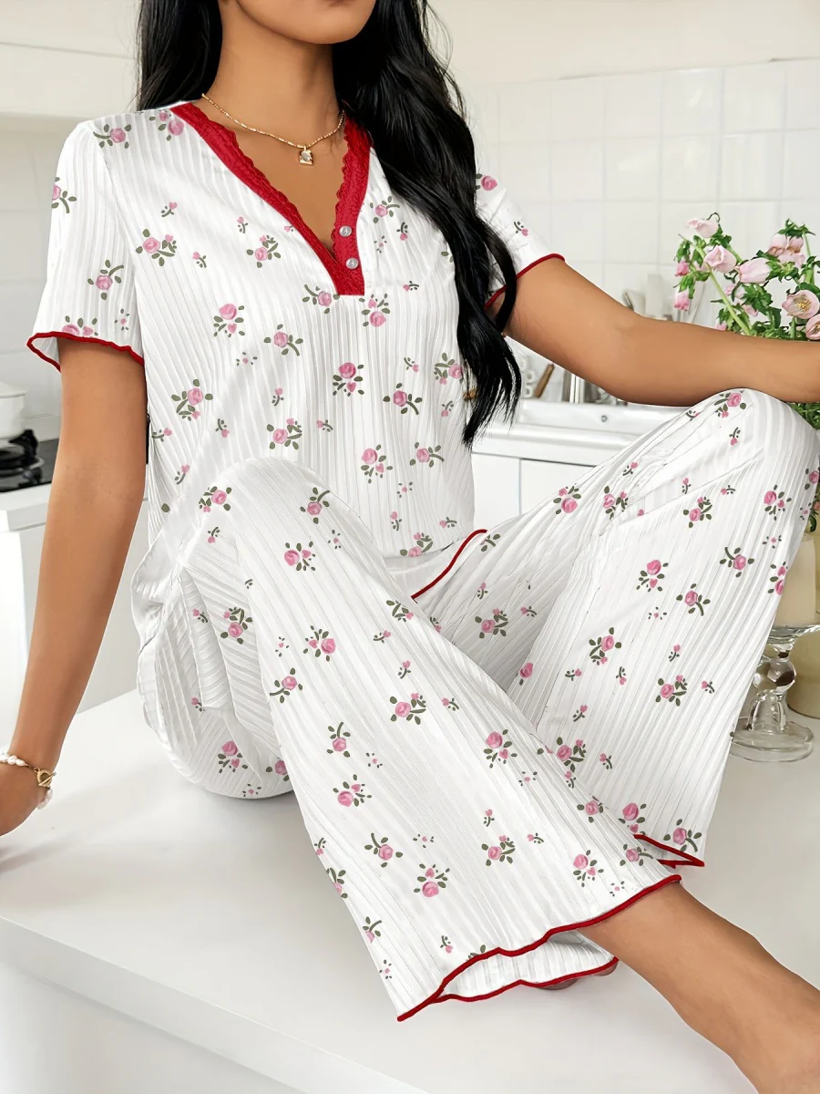 Heart-print V-neck Short-sleeved Trousers Loungewear Set - Image 11