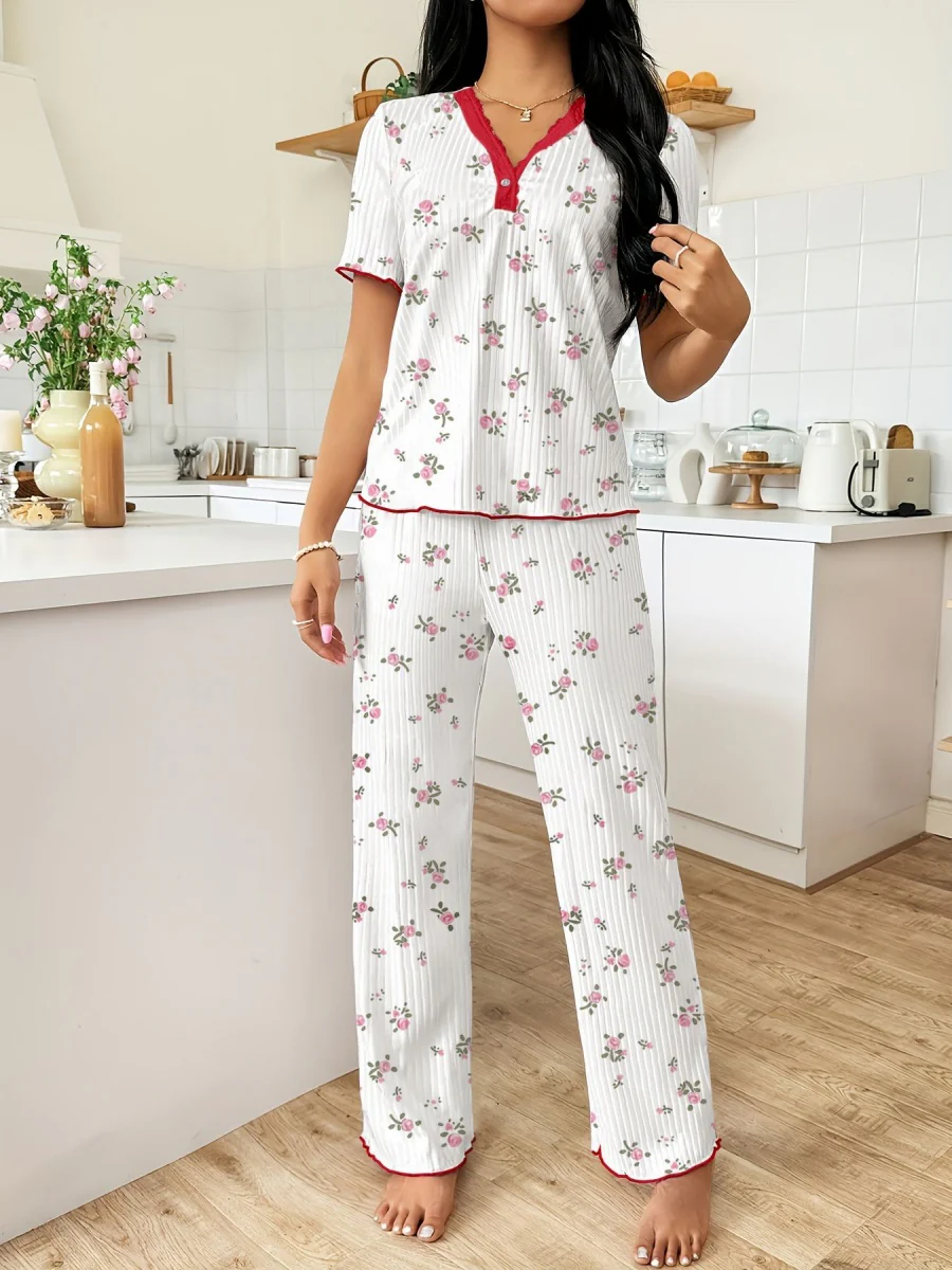 Heart-print V-neck Short-sleeved Trousers Loungewear Set - Image 12