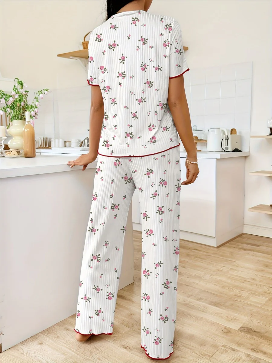 Heart-print V-neck Short-sleeved Trousers Loungewear Set - Image 13