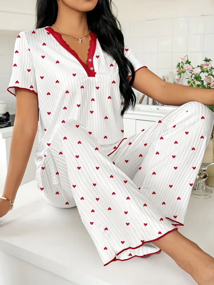 Heart-print V-neck Short-sleeved Trousers Loungewear Set - Image 15