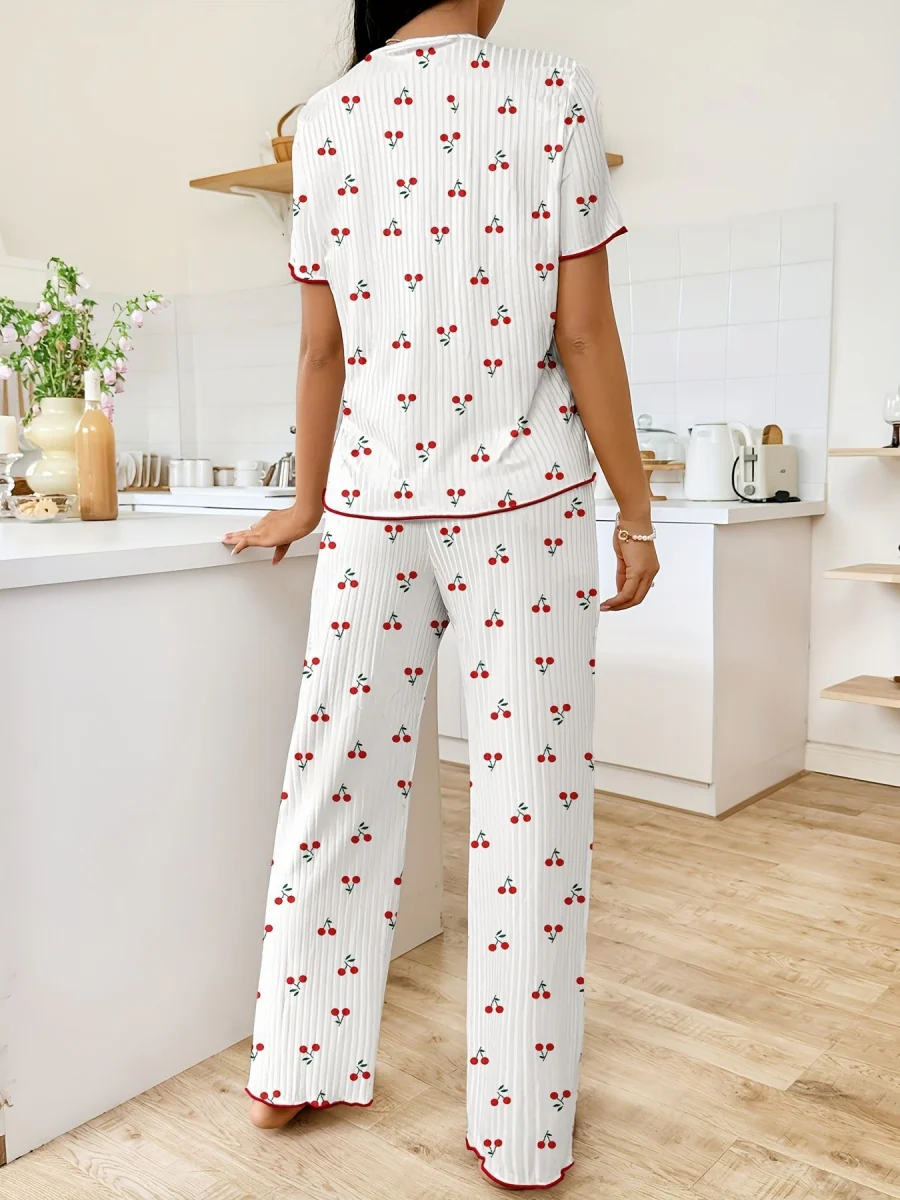 Heart-print V-neck Short-sleeved Trousers Loungewear Set - Image 16