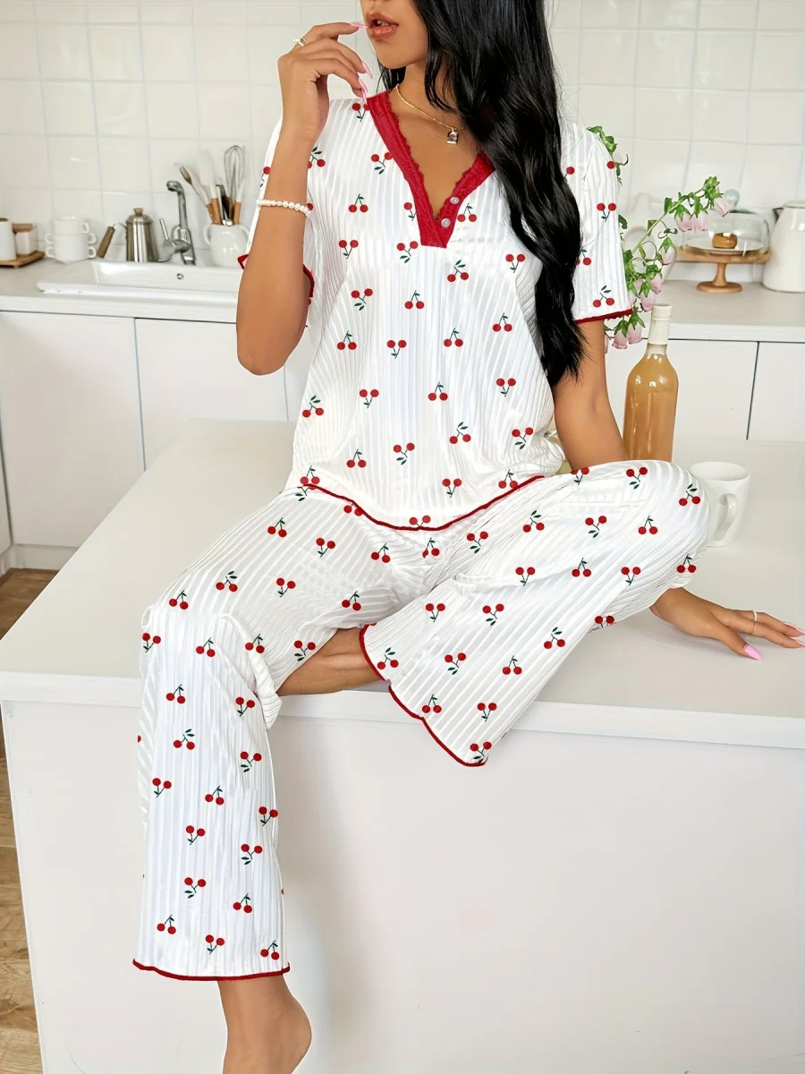 Heart-print V-neck Short-sleeved Trousers Loungewear Set - Image 18