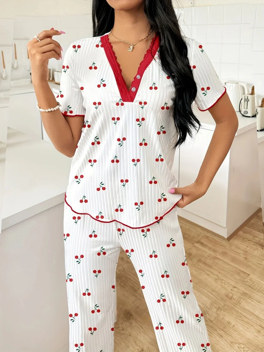 Heart-print V-neck Short-sleeved Trousers Loungewear Set - Image 19