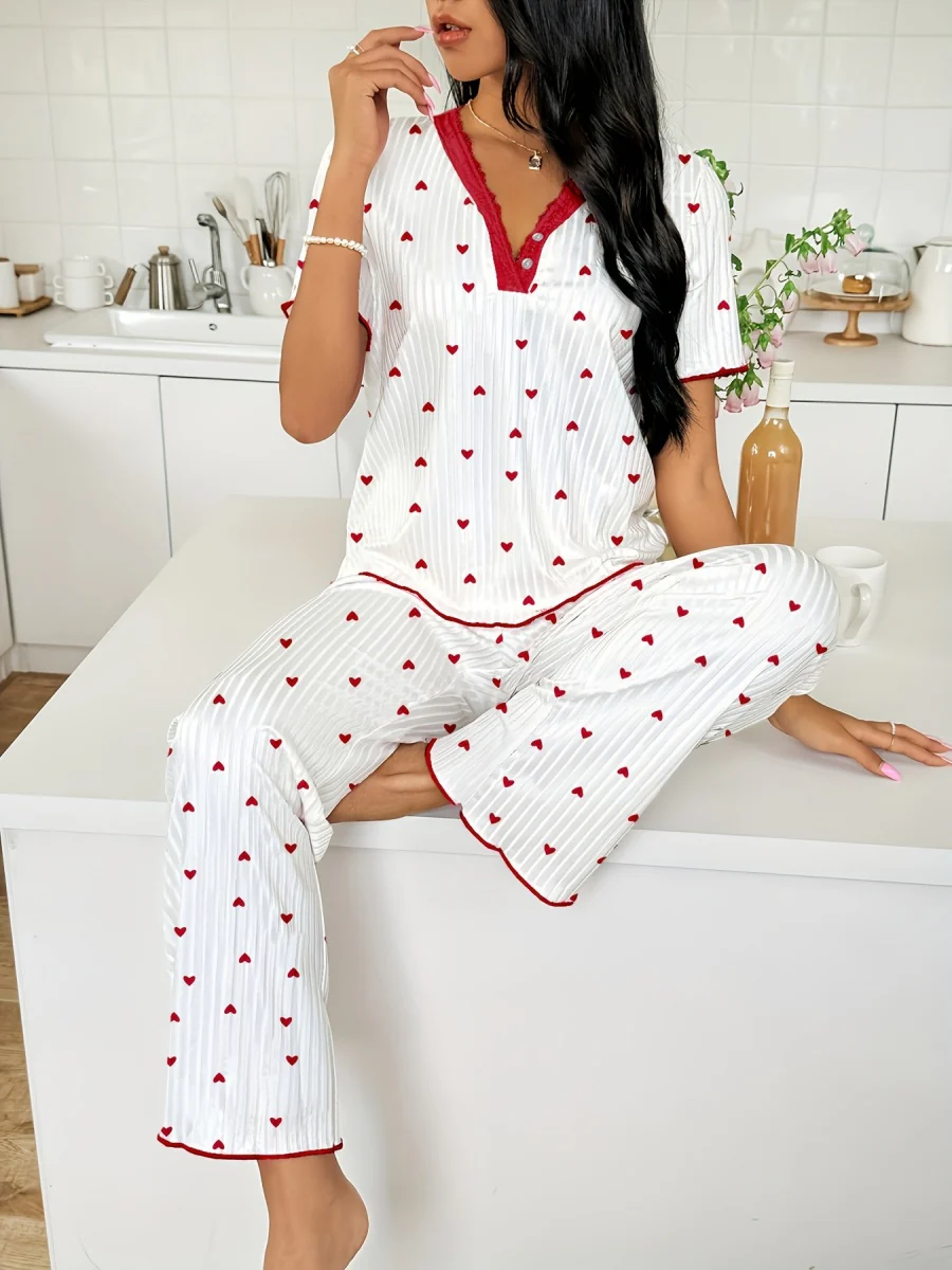 Heart-print V-neck Short-sleeved Trousers Loungewear Set - Image 2