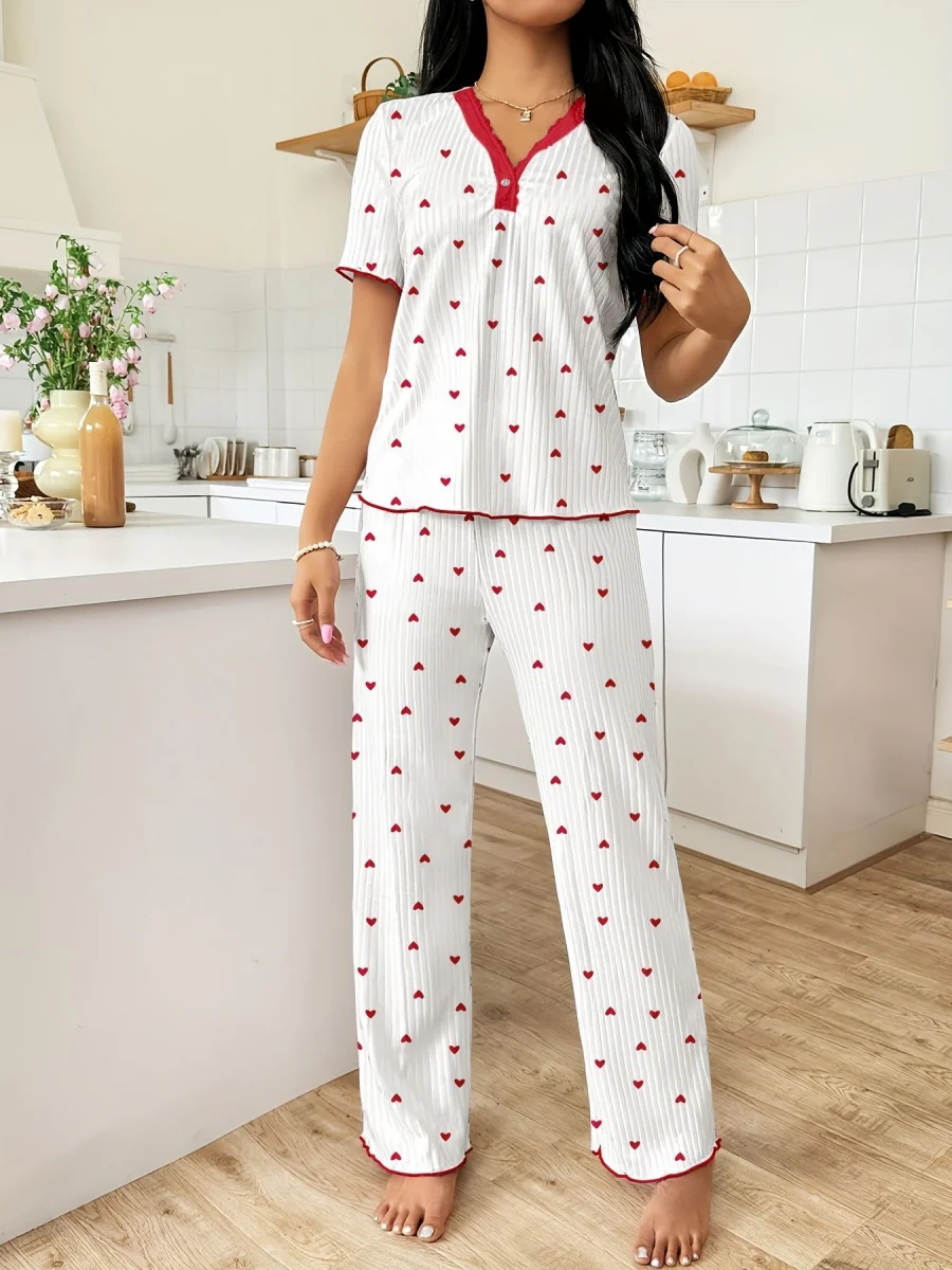 Heart-print V-neck Short-sleeved Trousers Loungewear Set - Image 3