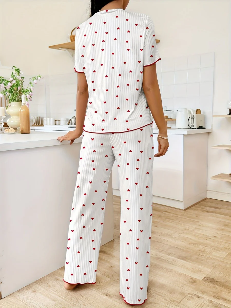 Heart-print V-neck Short-sleeved Trousers Loungewear Set - Image 4