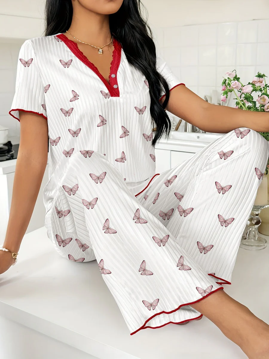 Heart-print V-neck Short-sleeved Trousers Loungewear Set - Image 6