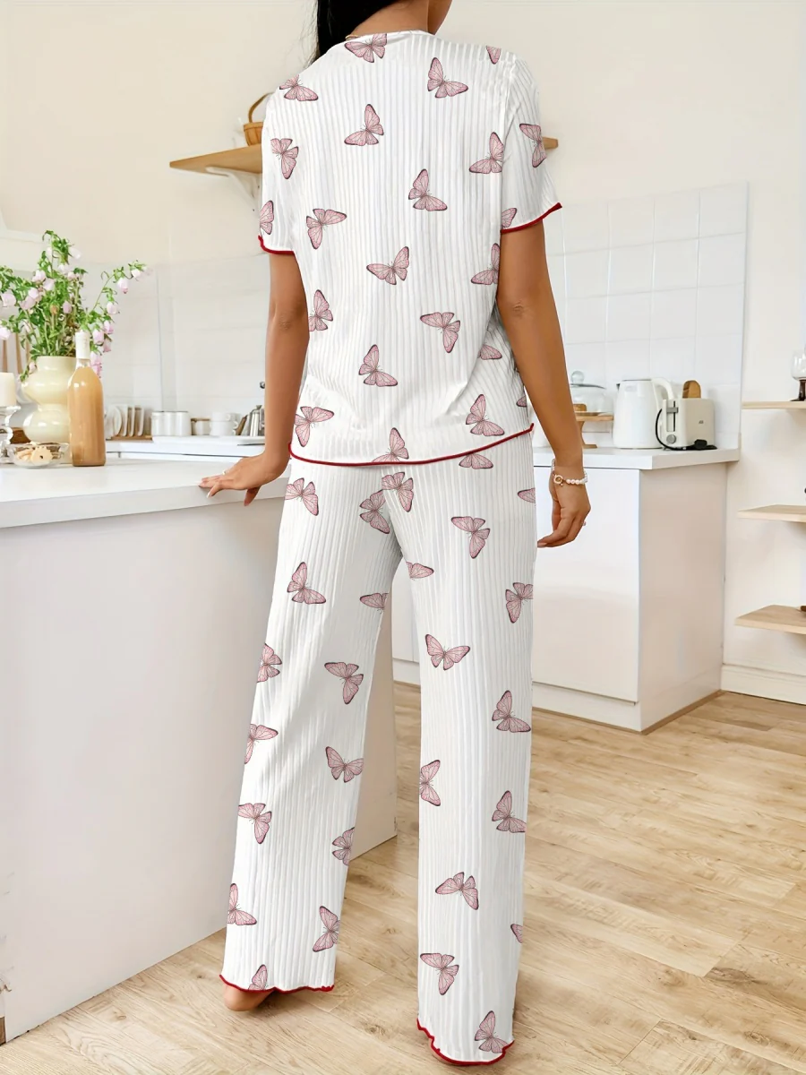Heart-print V-neck Short-sleeved Trousers Loungewear Set - Image 9