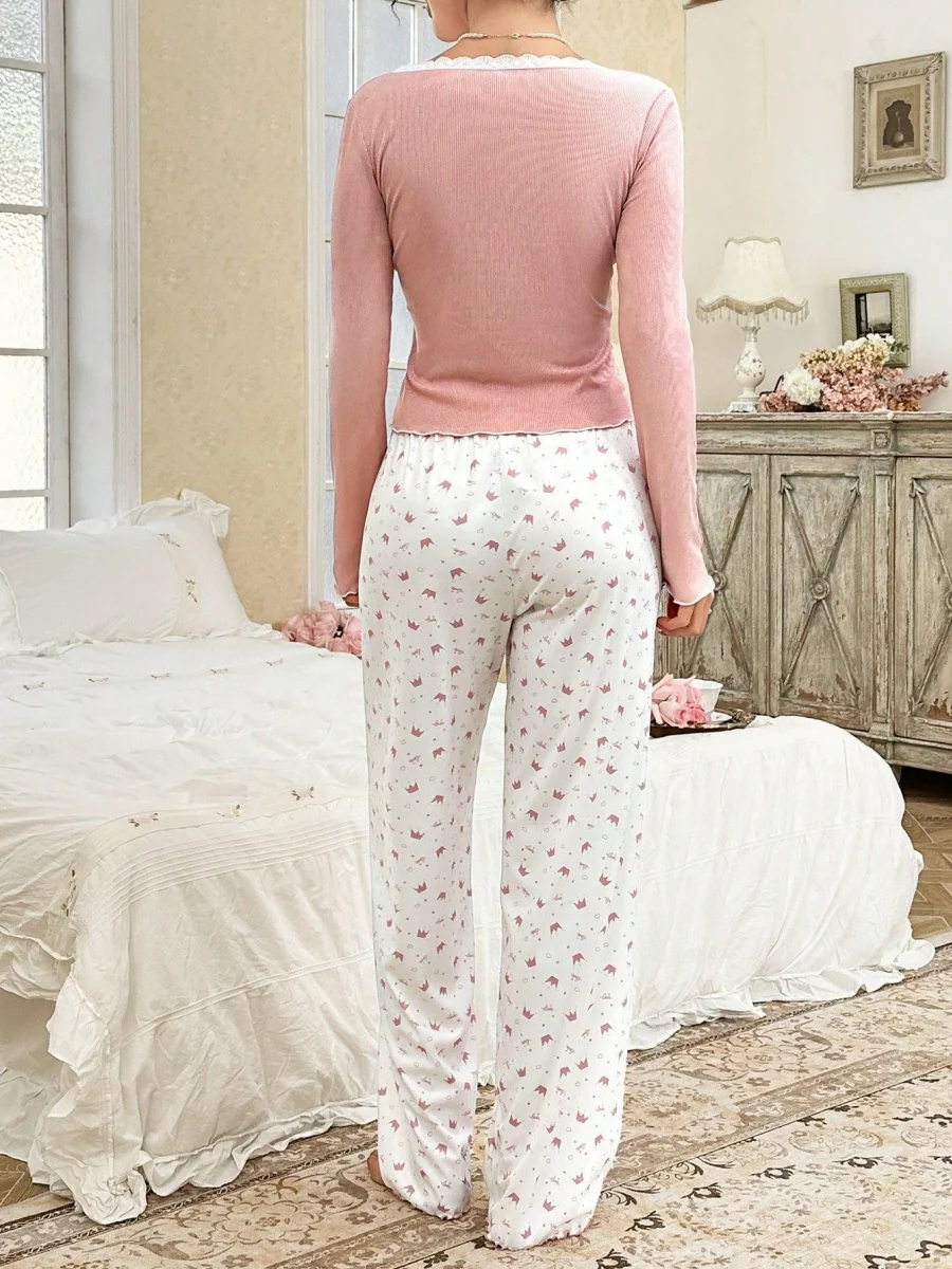 Lace-trimmed Round Neck Crown Print Long-sleeved Pajamas Set - Image 2