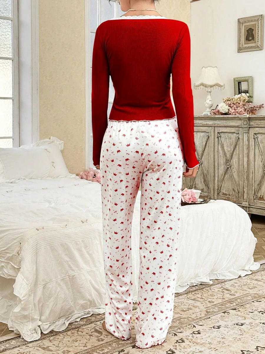 Lace-trimmed Round Neck Crown Print Long-sleeved Pajamas Set - Image 7