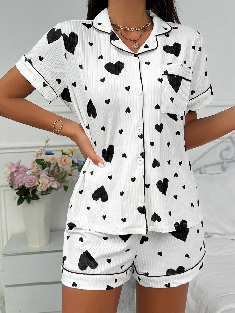 Heart-print Cardigan With Collar And Button-down Short Sleeves And Shorts, Two-piece Loungewear Set - Image 10