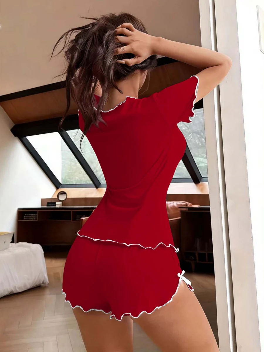 Sexy Bow-Tie Stretch Short-Sleeve And Shorts Set - Can Be Worn Out As Loungewear - Image 10