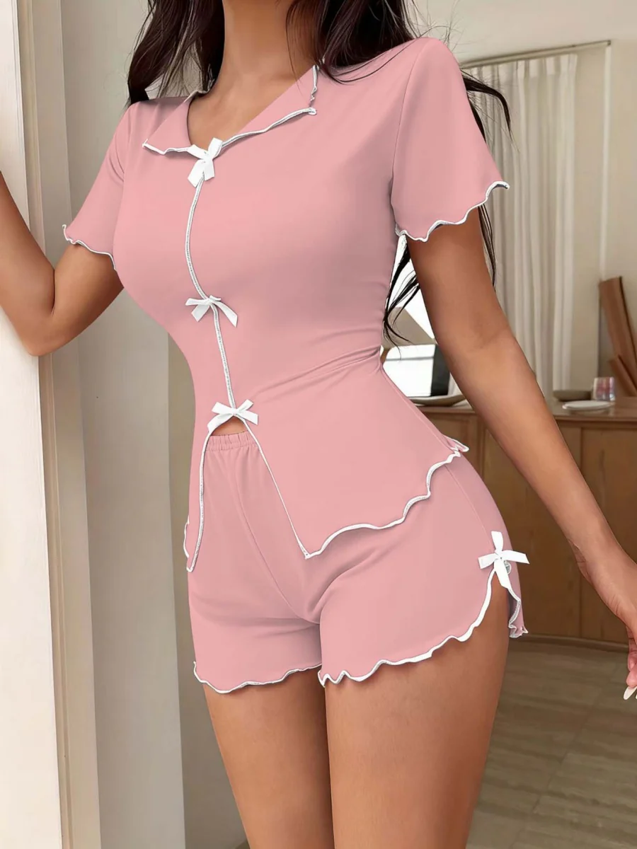 Sexy Bow-Tie Stretch Short-Sleeve And Shorts Set - Can Be Worn Out As Loungewear - Image 12