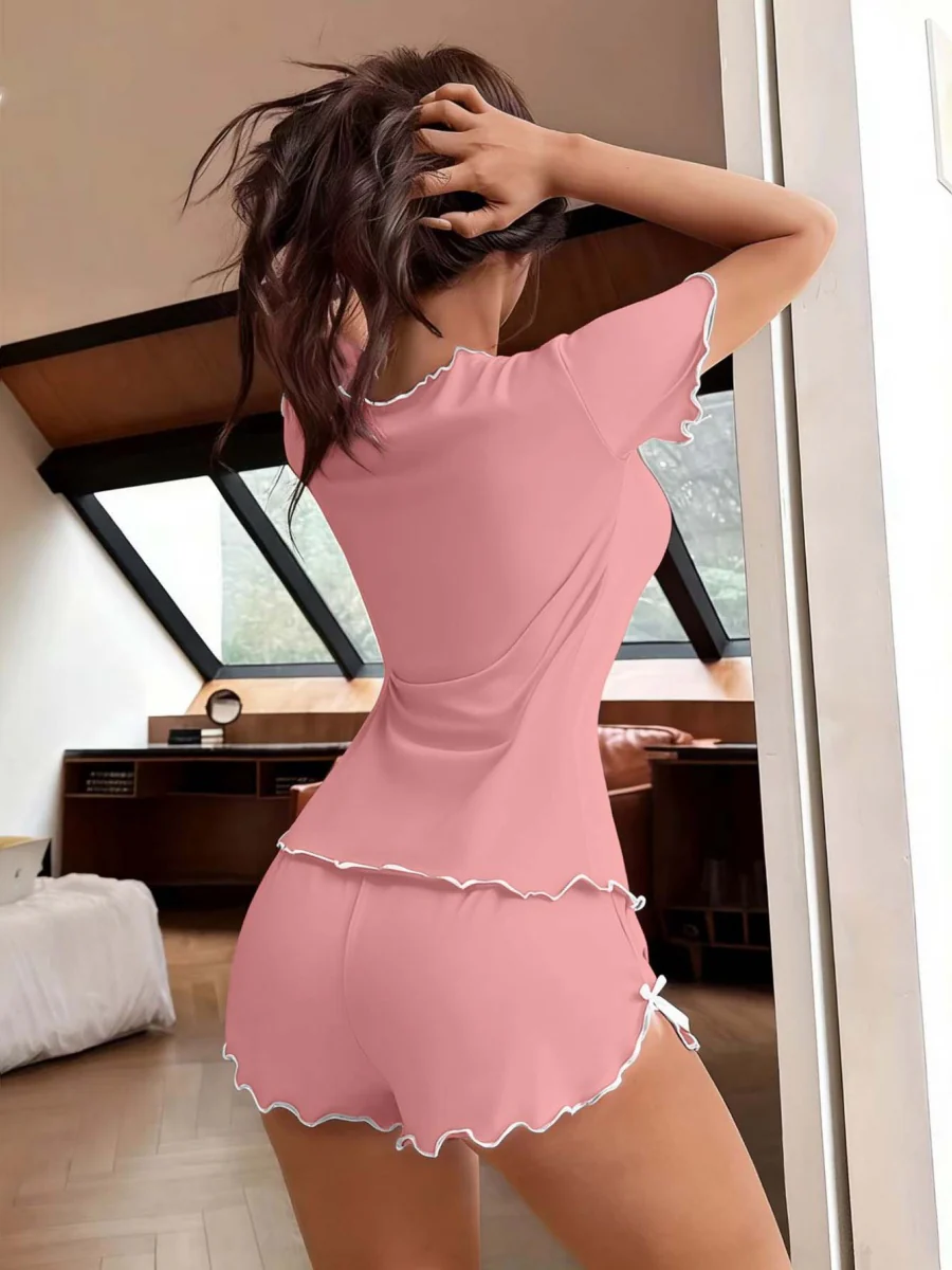 Sexy Bow-Tie Stretch Short-Sleeve And Shorts Set - Can Be Worn Out As Loungewear - Image 15