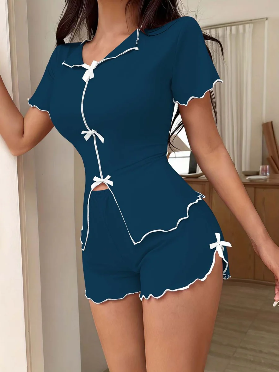 Sexy Bow-Tie Stretch Short-Sleeve And Shorts Set - Can Be Worn Out As Loungewear - Image 17