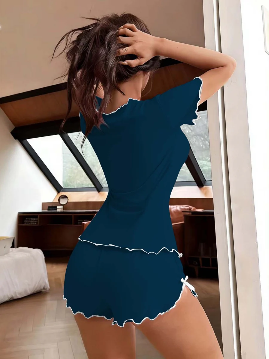 Sexy Bow-Tie Stretch Short-Sleeve And Shorts Set - Can Be Worn Out As Loungewear - Image 20