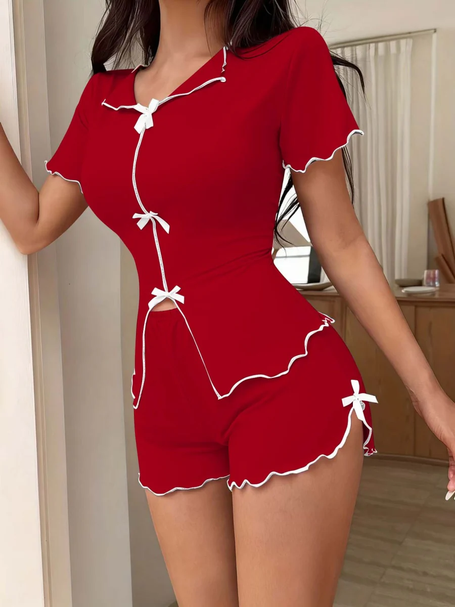 Sexy Bow-Tie Stretch Short-Sleeve And Shorts Set - Can Be Worn Out As Loungewear - Image 7