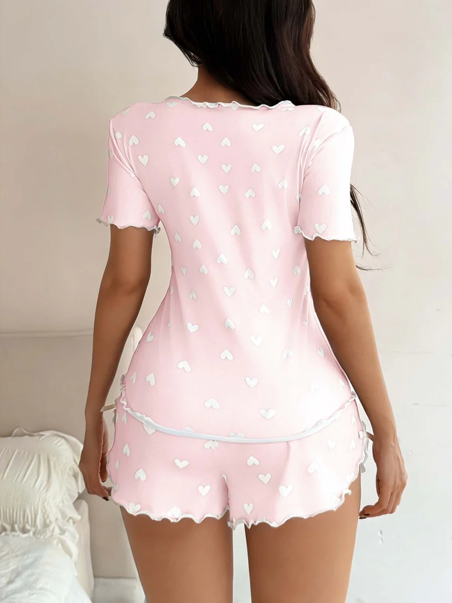 Heart-print Collared Short-sleeved Shirt And Shorts With Bow Tie - A Loungewear Set That Can Be Worn As Outerwear. - Image 10