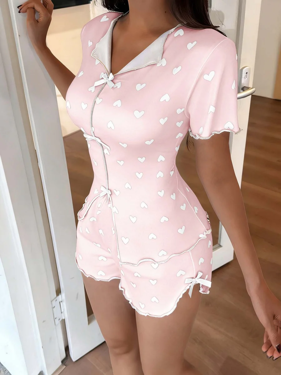 Heart-print Collared Short-sleeved Shirt And Shorts With Bow Tie - A Loungewear Set That Can Be Worn As Outerwear. - Image 12